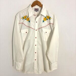 Vtg Ely Diamond Western Shirt Mens L Floral Embroidered Pearl Snap Rockabilly